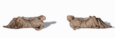 Coppia di Figure Maschili in Legno Scolpito. Artista Barocco Italiano del XVII Secolo.