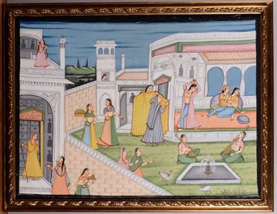 Coppia di Grandi Dipinti Raffiguranti Scene di Corte, India, XX Secolo