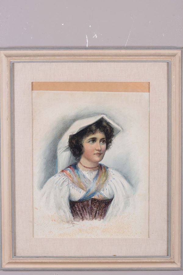 Due acquerelli raffiguranti figura maschile e femminile, XX secolo