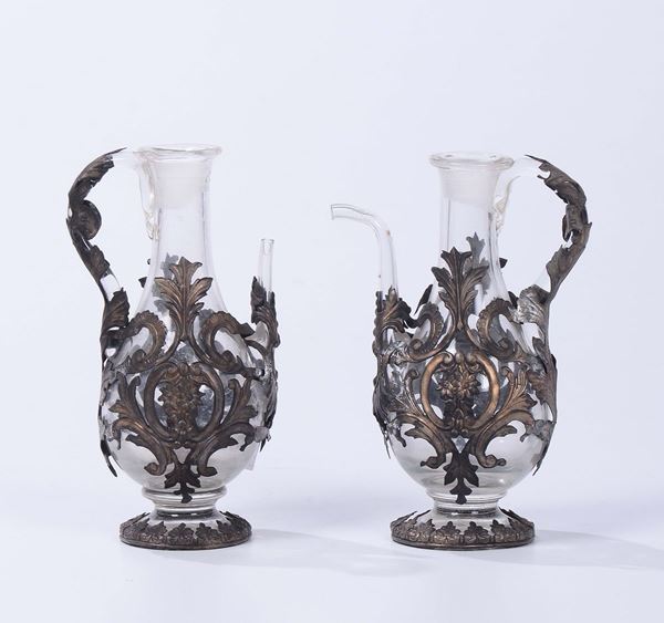 Coppia di ampolle in vetro e argento, XIX secolo