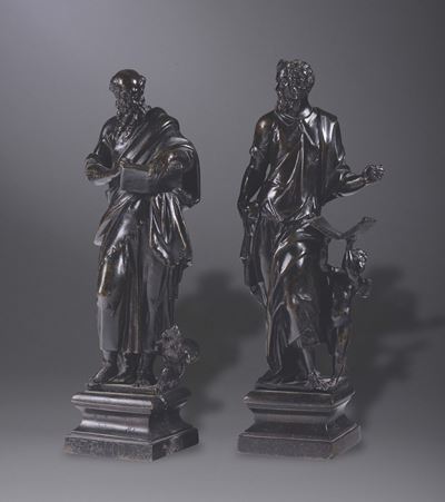 Due Sculture in Bronzo Fuso e Cesellato Raffiguranti Evangelisti, Fonditore Veneto, Inizi XVII Se...