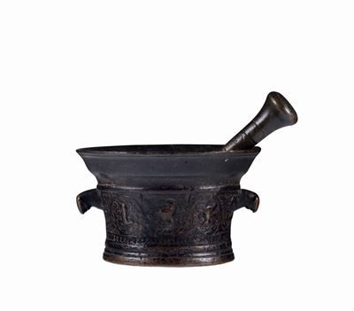 Mortaio e Pestello in Bronzo Fuso e Cesellato, Fonditore del XVI Secolo