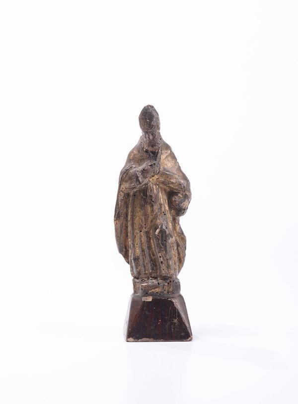 Scultura in legno dorato raffigurante vescovo, XVII secolo