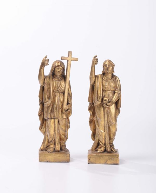 Coppia di sculture in legno dorato raffiguranti Santi, XVIII-XIX secolo