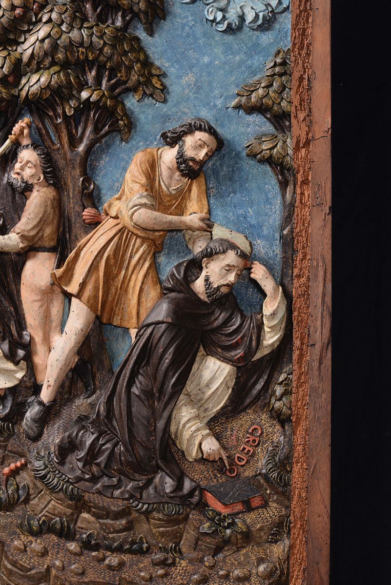 Pannello Policromo in Legno Scolpito Raffigurante il Martirio di San Pietro, Giovanni-pietro e Gi...