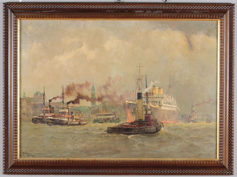 Adolf Muhlhan (1886-1956) Il porto di Amburgo  - Auction Maritime Art and Scientific Instruments - Cambi Casa d'Aste
