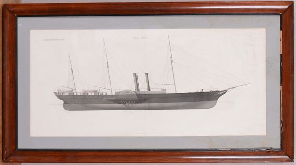 Litografia raffigurante paddle wheel steamship, seconda metà del XIX secolo