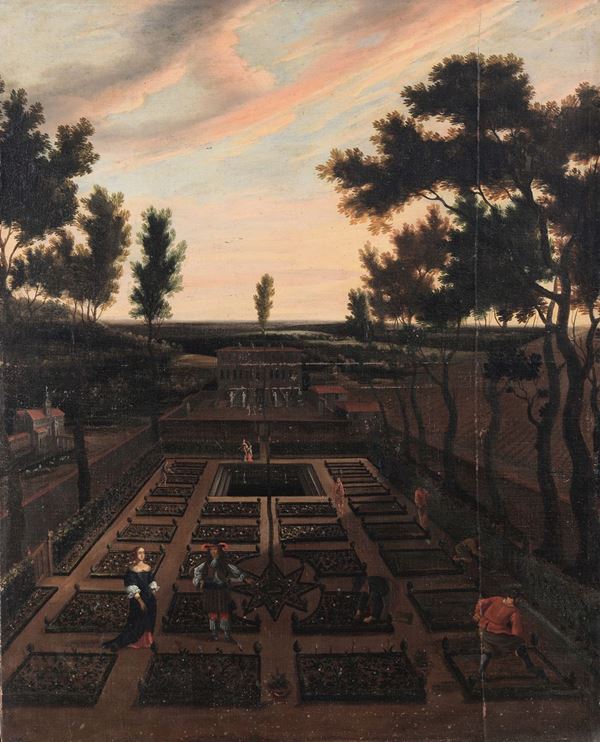 Melchior Hamers (Antwerp 1638-1710) Coppia di paesaggi con figure intenti alla cura di un giardino