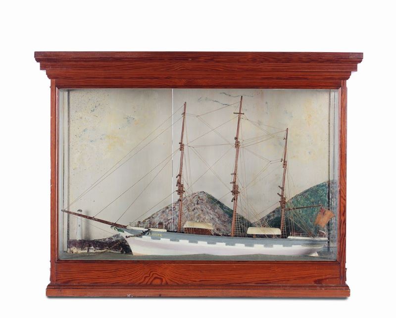 Modellino di brigantino in teca, fine XIX secolo  - Asta Arte Marinara e Strumenti Scientifici - Cambi Casa d'Aste