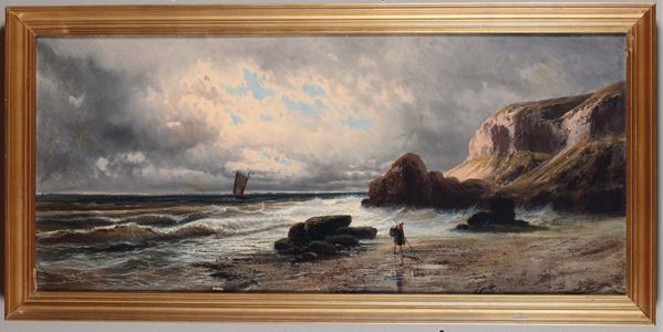 Alfred Godchaux (1835-1895) Paesaggio costiero con pescatore Paesaggio costiero con architetture