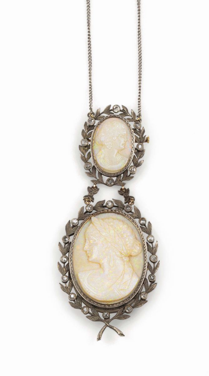 18th Century necklace with two carved opals set in silver  - Auction Fine Jewels - Cambi Casa d'Aste