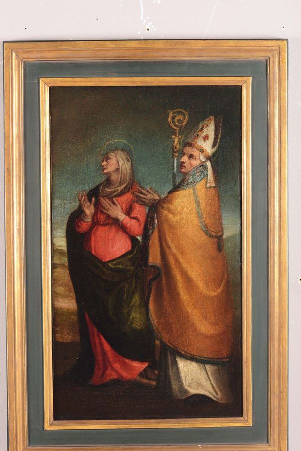 Scuola del XVII secolo Vescovo e Santa