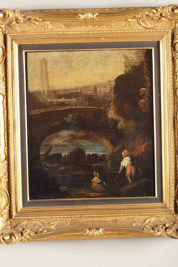 Scuola del XVIII secolo Paesaggio con figure e ponte