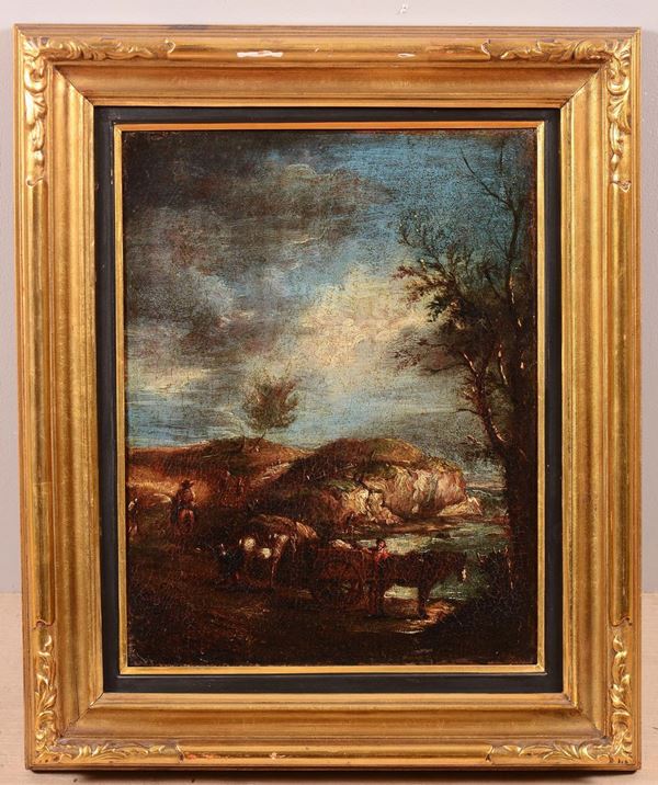 Scuola olandese del XVIII secolo Paesaggio con contadini e carro