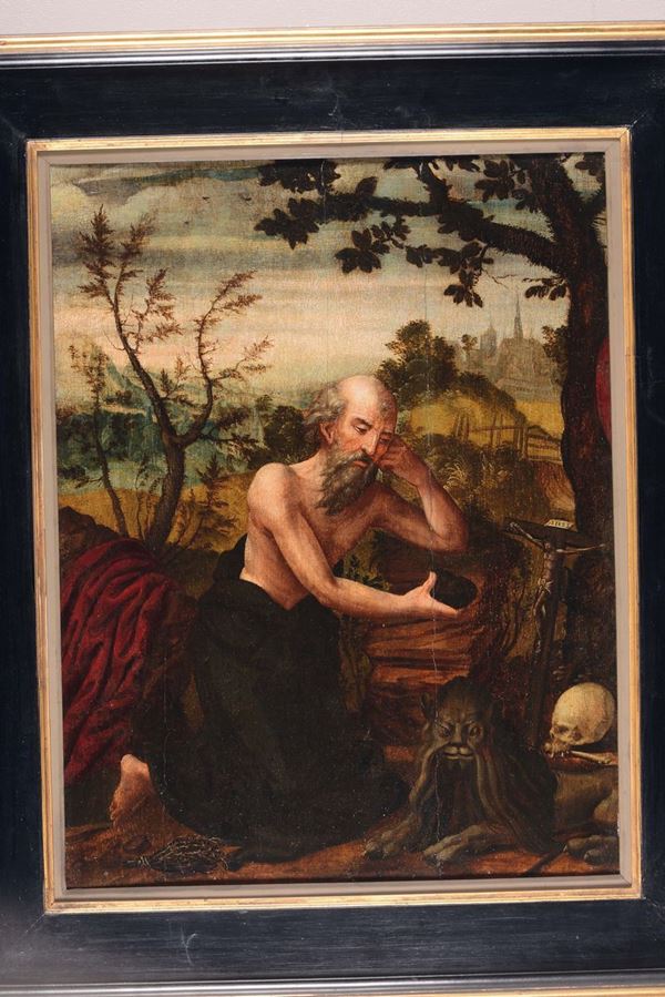 Pieter Coecke van Aelst (1502-1550), cerchia di San Gerolamo in paesaggio