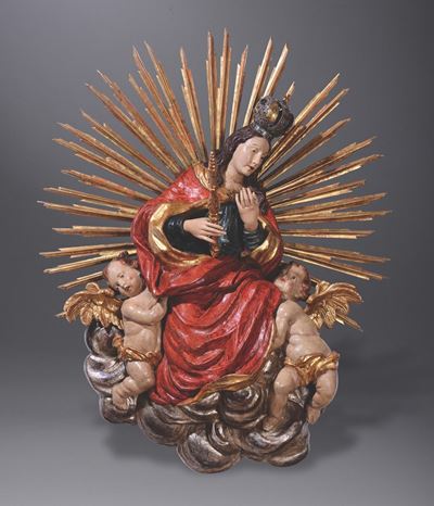 Scultura in Legno Policromo Argentato e Dorato Rappresentante Madonna Immacolata, Scultore Bavare...