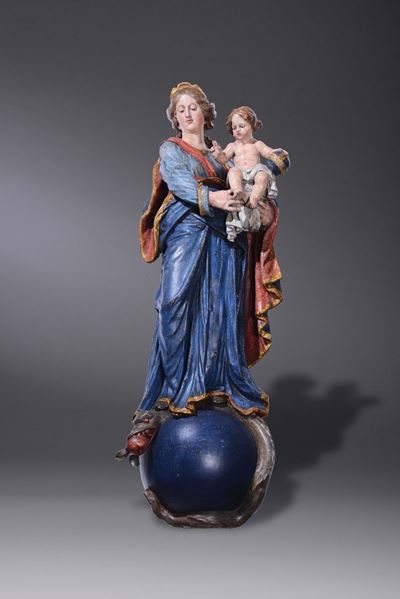 Scultura in Legno Policromo Rappresentante Madonna con Bambino, Scultore Bavarese o Austriaco del...