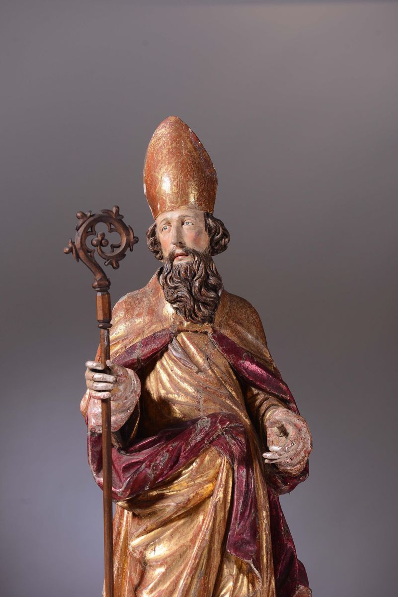 Scultura in Legno Policromo e Dorato Rappresentante Santo Vescovo, Maestro Austriaco o Tirolese d...
