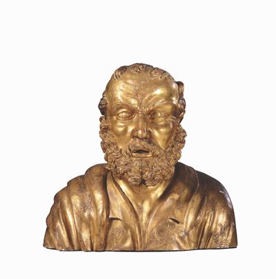 Busto Virile in Legno Scolpito e Dorato, Scultore Attivo nel Nord Italia nel XVII Secolo.