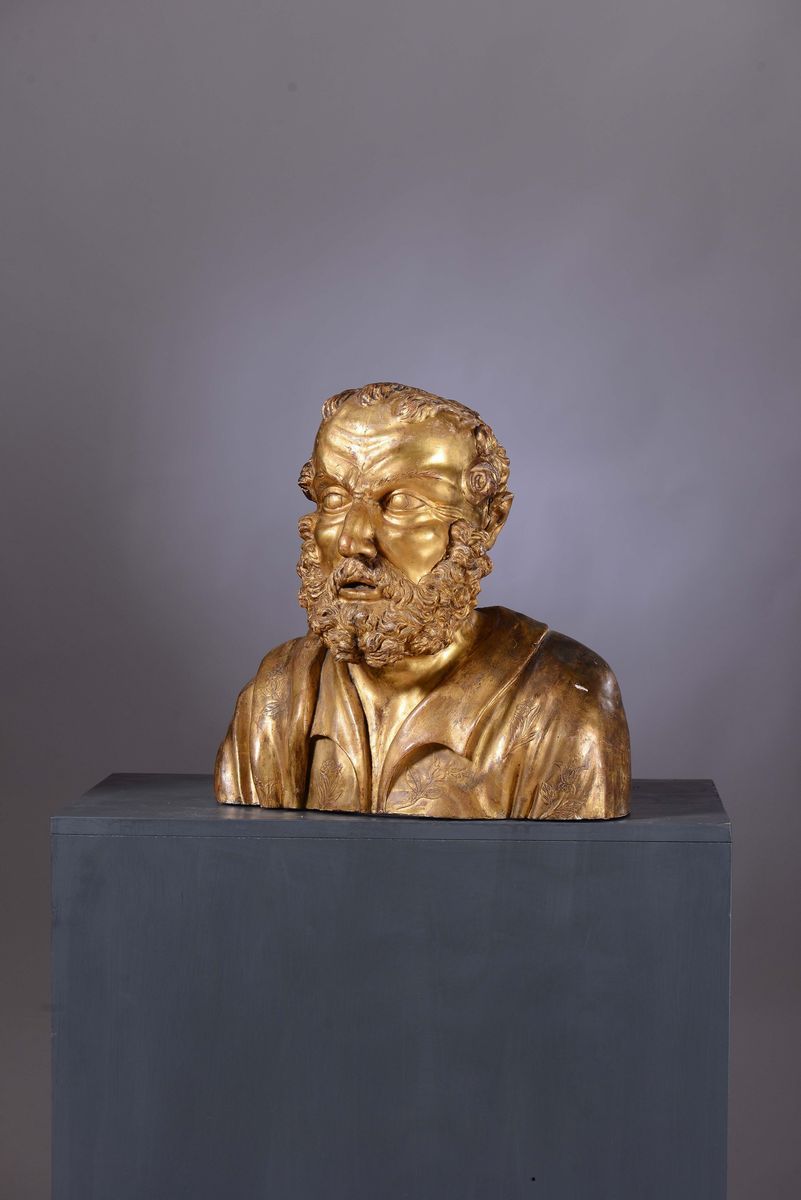 Busto Virile in Legno Scolpito e Dorato, Scultore Attivo nel Nord Italia nel XVII Secolo.