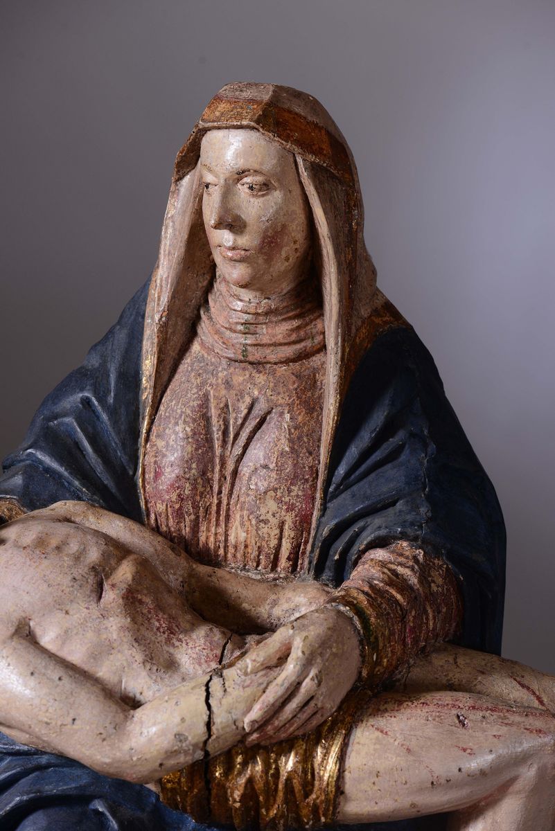 Pietas in Legno Policromo e Dorato, Scultore Dell'arco Alpino, Probabile XVI-XVII Secolo