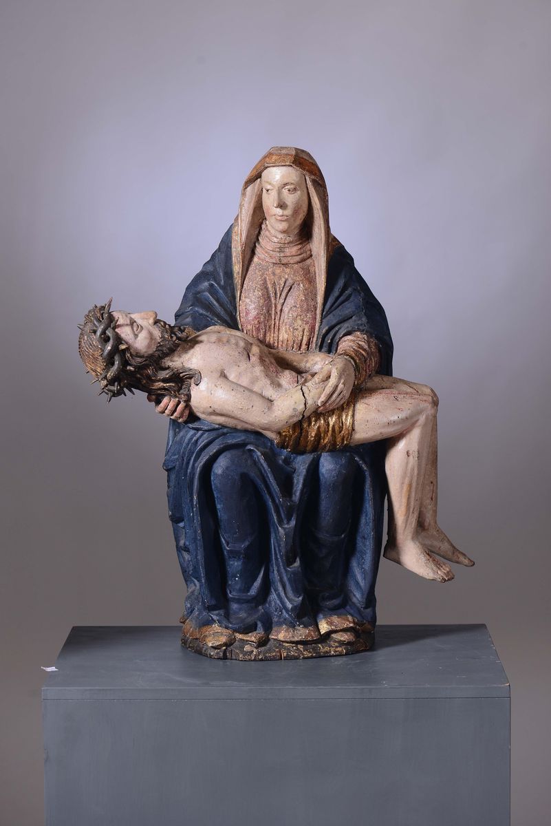 Pietas in Legno Policromo e Dorato, Scultore Dell'arco Alpino, Probabile XVI-XVII Secolo