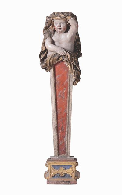 Scultura in Legno Policromo e Dorato Raffigurante Un’erma con un Putto Velato sulla Sommità, Maes...