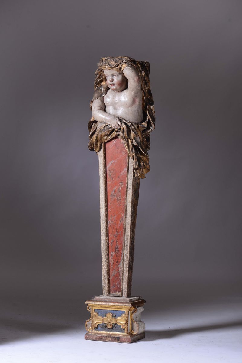 Scultura in Legno Policromo e Dorato Raffigurante Un’erma con un Putto Velato sulla Sommità, Maes...