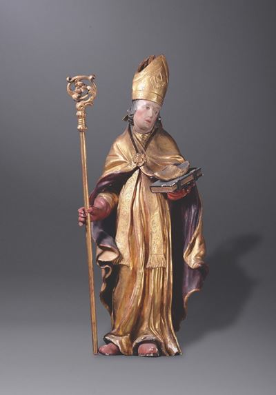 Scultura in Legno Policromo e Dorato Rappresentante San Vigilio, Bottega Trentina del XVII Secolo