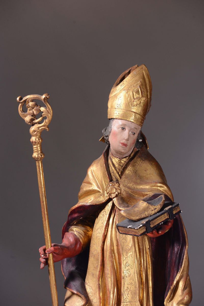 Scultura in Legno Policromo e Dorato Rappresentante San Vigilio, Bottega Trentina del XVII Secolo