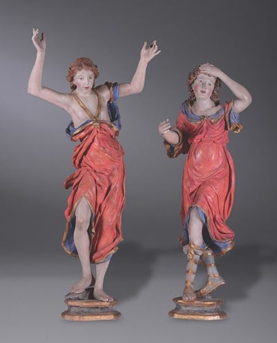Coppia di Sculture in Legno Rappresentanti Probabilmente Due Dolenti, Scultore Austriaco o Tedesc...