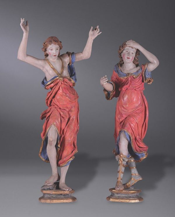 Coppia di sculture in legno rappresentanti probabilmente due dolenti, scultore austriaco o tedesco del XVII secolo