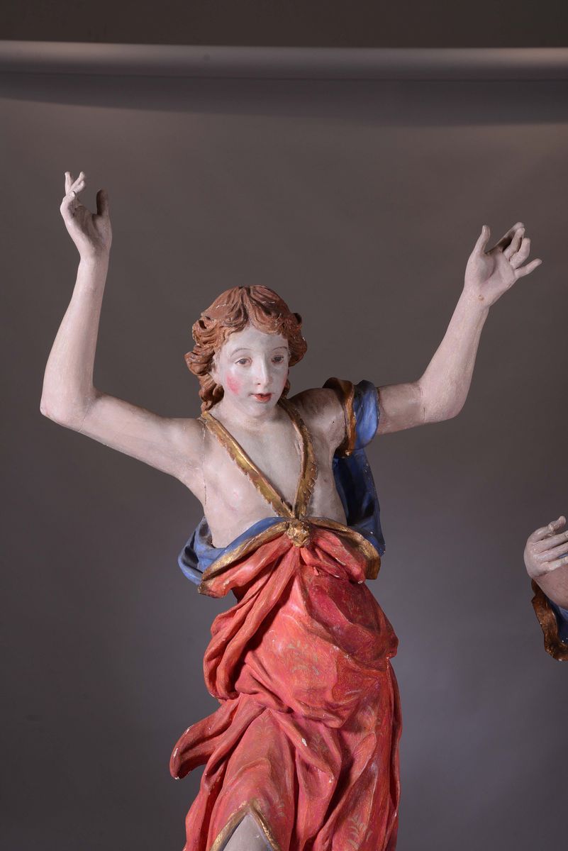 Coppia di Sculture in Legno Rappresentanti Probabilmente Due Dolenti, Scultore Austriaco o Tedesc...