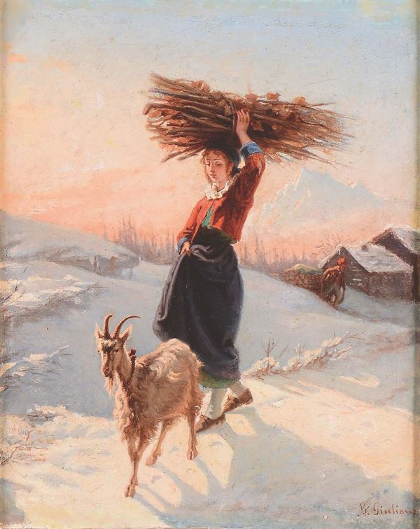Bartolomeo Giuliano (1825-1909) Contadinella con capra sulla neve