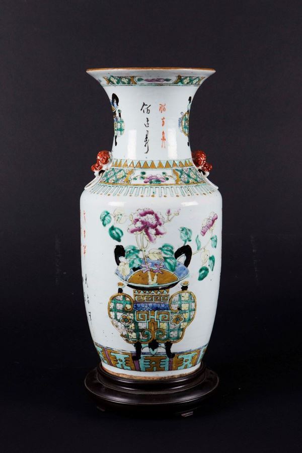 A polychrome enamelled porcelain vase with censers and inscriptions, China, Qing Dynasty, late 19th century
