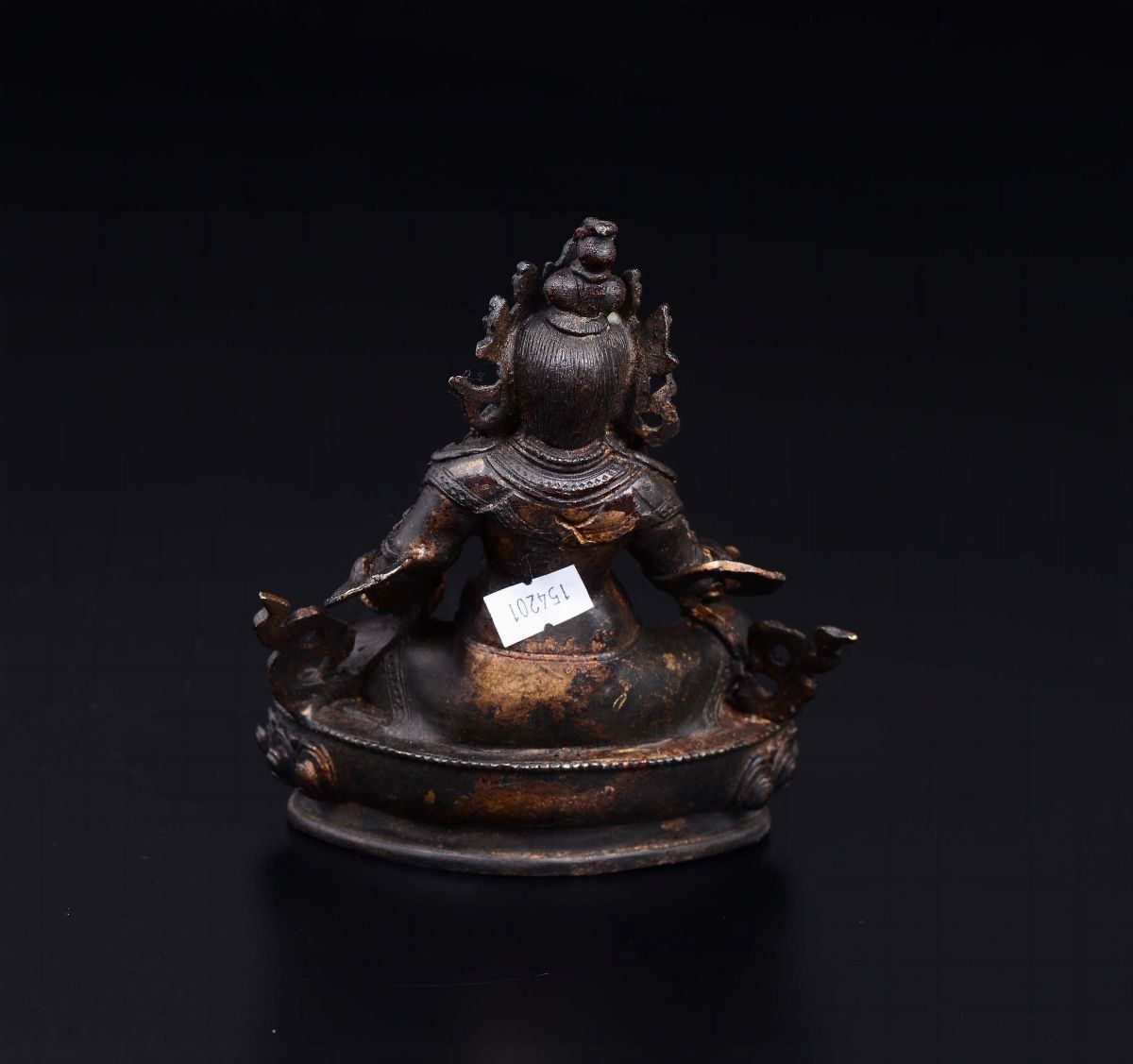 Scultura in Bronzo con Tracce di Doratura Raffigurante Divinità Seduta su Fiore di Loto, Cina, XX...