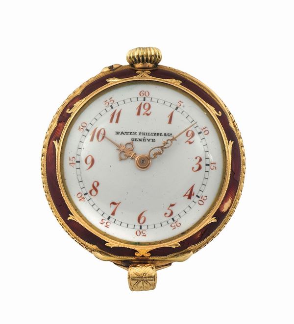 PATEK PHILIPPE, Geneve, movement No.104131, case No.215018, yellow gold pendant watch with diamonds and flower's enamel. Made circa 1890