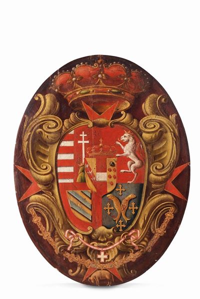 Stemma da Palazzo in Legno Policromo, Italia XVIII-XIX Secolo