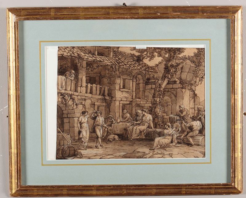 Antonio Zucchi (Venezia 1726 - Roma 1795) Festa contadina in cortile  - Asta Dipinti Antichi - Cambi Casa d'Aste
