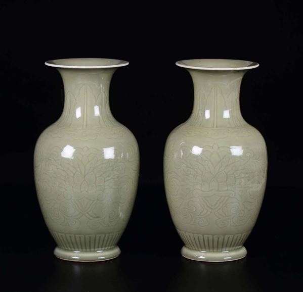 A pair of Celadon porcelain vases with lotus flowers, China, 20th century