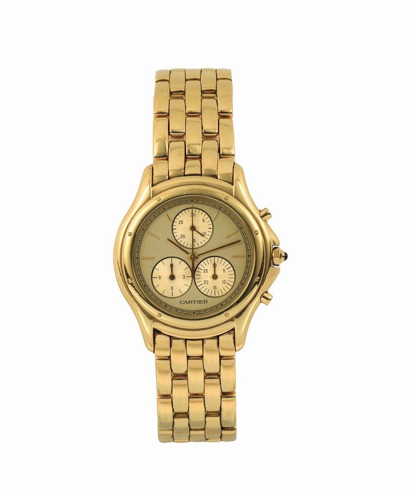 CARTIER, Santos Chronoflex, Ref. 11621, water-resistant, 18K yellow gold quartz wristwatch with round button chronograph, registers, date and an 18K yellow gold Cartier bracelet with deployant clasp. Made circa 1990  - Auction Watches and Pocket Watches - Cambi Casa d'Aste