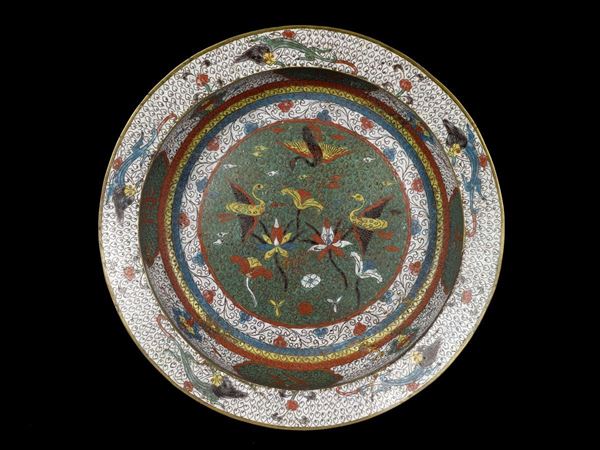 A cloisonné enamel washbowl with cranes and inscriptions, China, Qing Dynasty, 19th century