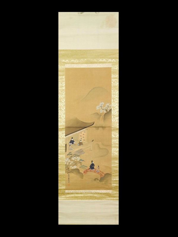 Dipinto su carta raffigurante dignitari entro case e paesaggio con albero di ciliegio ed iscrizione, Giappone, attribuito a Tosa Mitsusada (1738-1806)