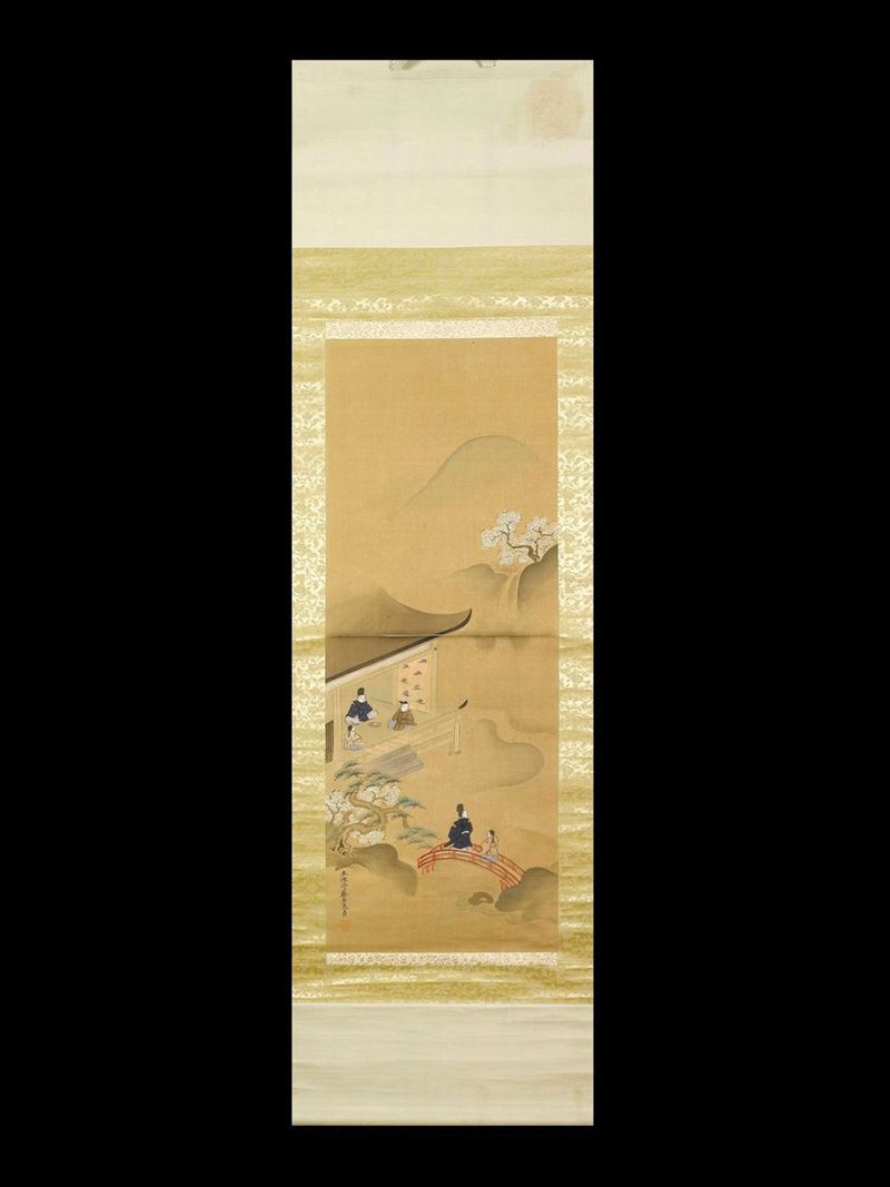 Dipinto su carta raffigurante dignitari entro case e paesaggio con albero di ciliegio ed iscrizione, Giappone, attribuito a Tosa Mitsusada (1738-1806)  - Asta Arte Orientale - Asta Online - Cambi Casa d'Aste