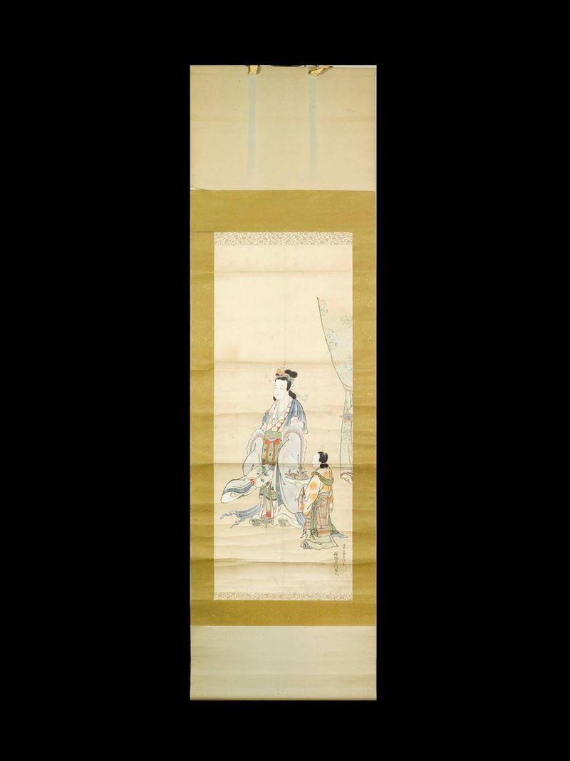 Dipinto su carta con poesia sul retro raffigurante Geishe con iscrizione, Giappone, firma Kiyohara Yukinobu (1643-1682)  - Asta Arte Orientale - Asta Online - Cambi Casa d'Aste