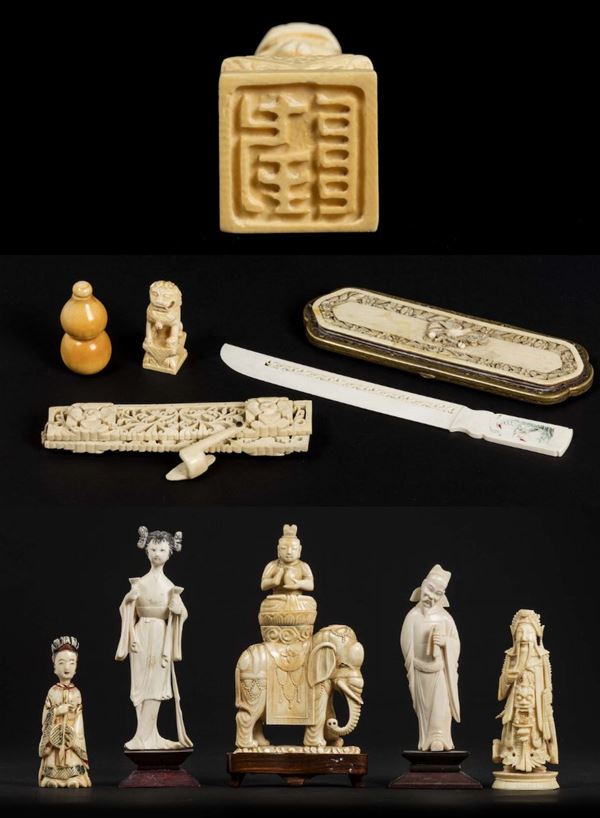 Ten carved ivory figures and tools, China, Late 19th/early 20th century