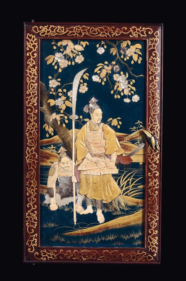 Five Shibayama carved ivory and mother-of-pearl inlays screens with figures and masks, Japan, Meiji Period, 19th century