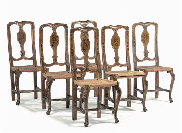 Sei sedie in legno laccato, Venezia XVIII secolo