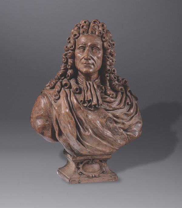 Busto virile di gentiluomo in terracotta, artista barocco Italiano del XVII-XVIII secolo