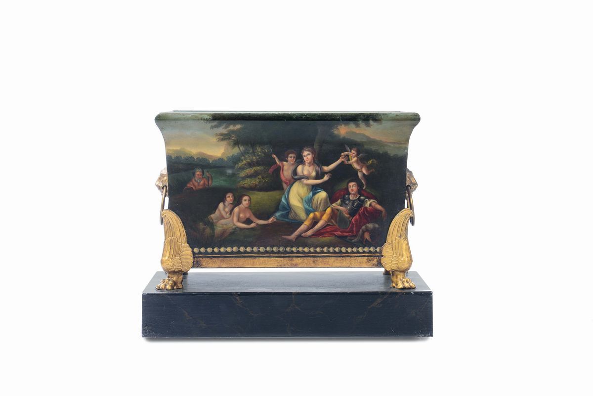 Cachepot con Scena Mitologica in Legno Dipinto, Francia, XIX Secolo